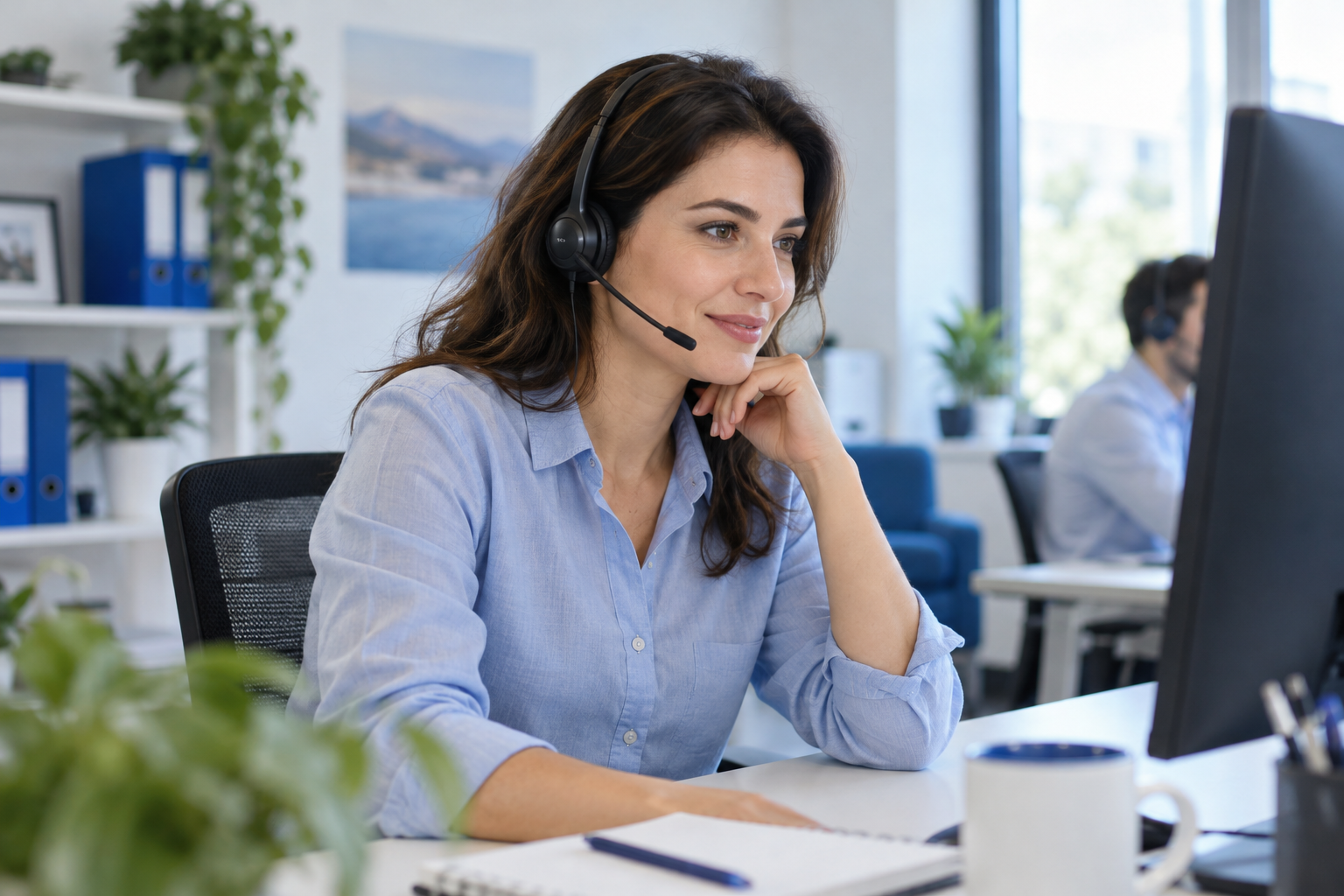 Specialistă de suport ascultând un client la căști